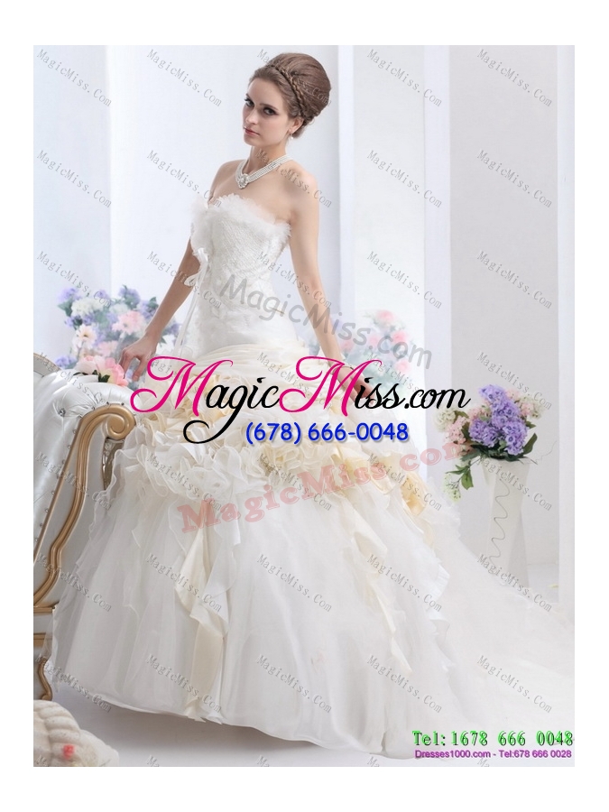 wholesale 2015 modest strapless wedding dress with hand made flowers