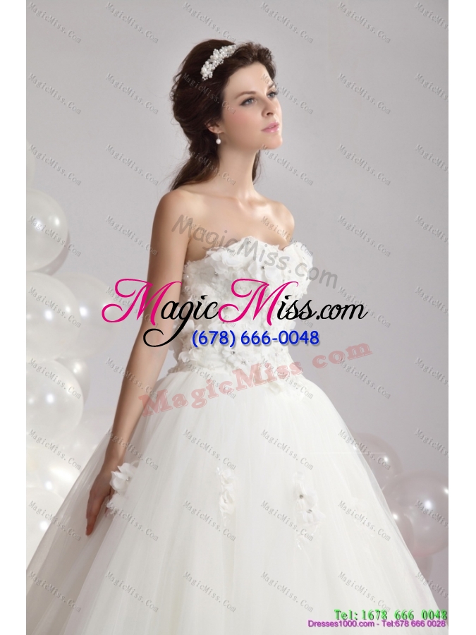 wholesale 2015 new style  white strapless new wedding dresses with beading and hand made flowers