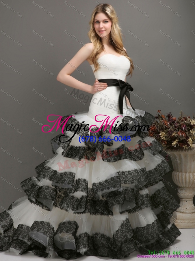 wholesale sash and lace strapless 2015 wedding dresses in white and black