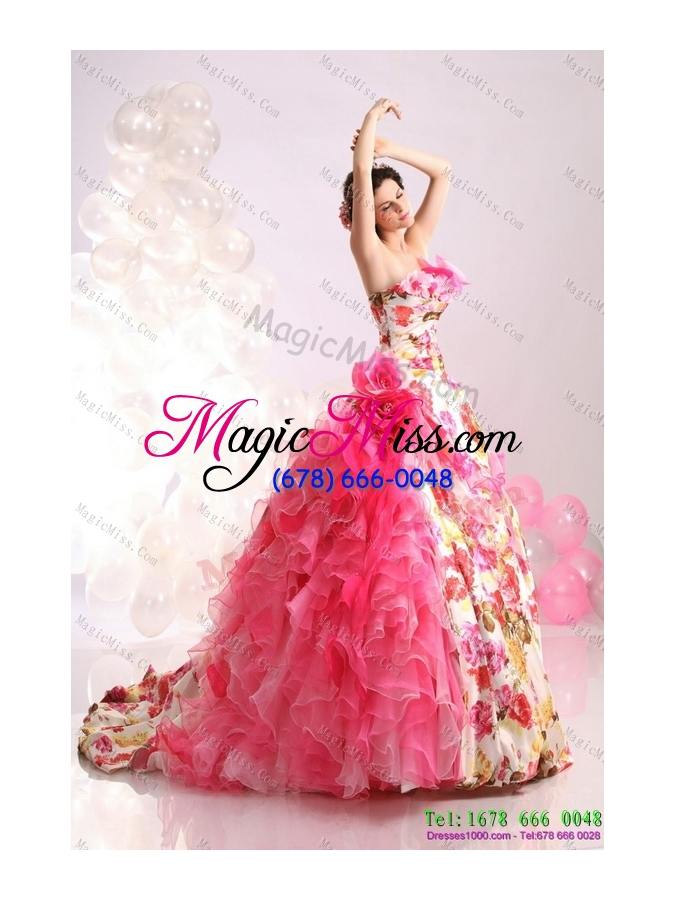 wholesale 2015 ruffles multi colour wedding dresses  with  brush train and hand made flowers