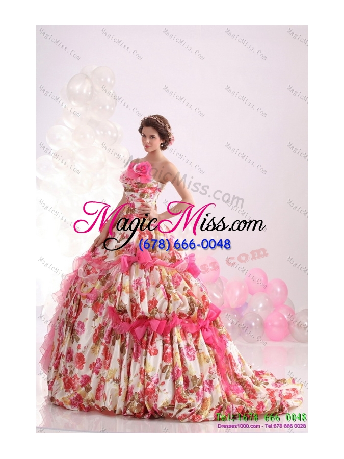 wholesale 2015 ruffles multi colour wedding dresses  with  brush train and hand made flowers