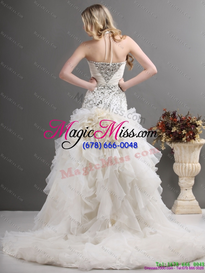 wholesale 2015 exquisite halter top wedding dress with beading and ruffles