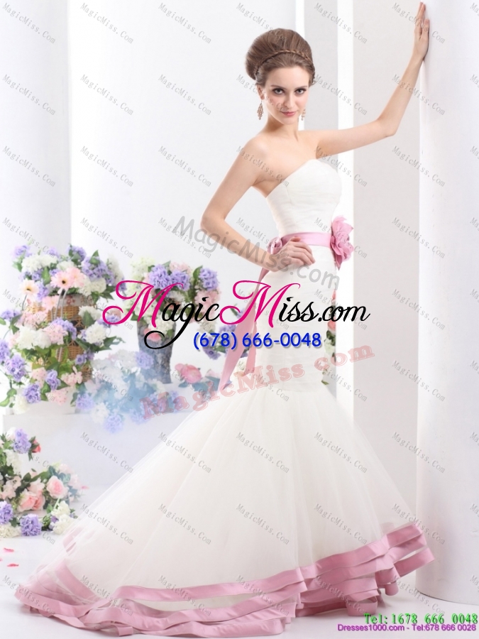 wholesale 2015 fashionable strapless mermaid wedding dress with ruching and hand made flowers