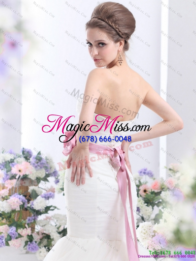 wholesale 2015 fashionable strapless mermaid wedding dress with ruching and hand made flowers