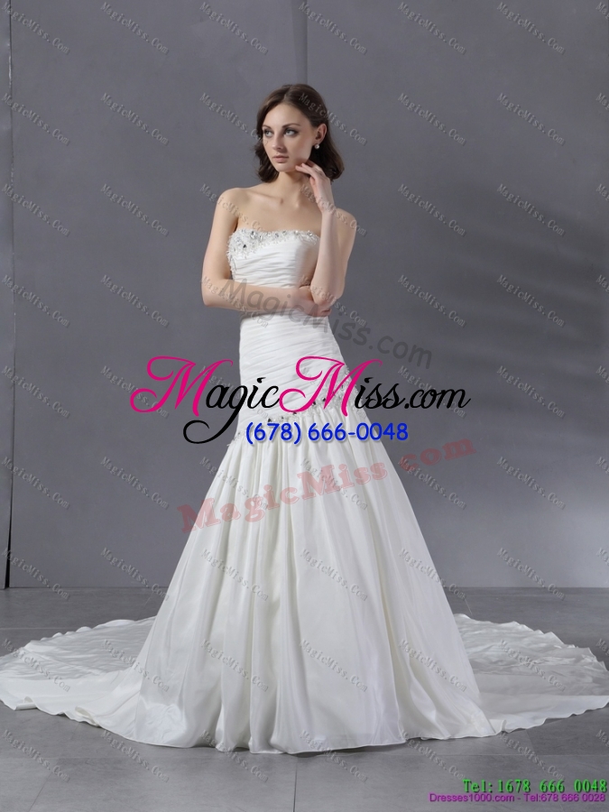 wholesale ruched beaded strapless white wedding dresses with chapel train