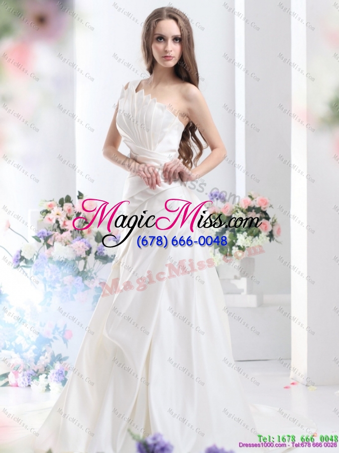 wholesale pleated one shoulder white wedding dresses with brush train