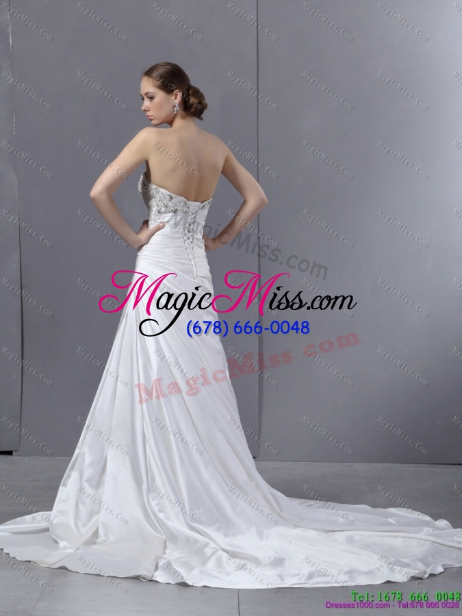 wholesale white pleated sequined wedding dresses with court train