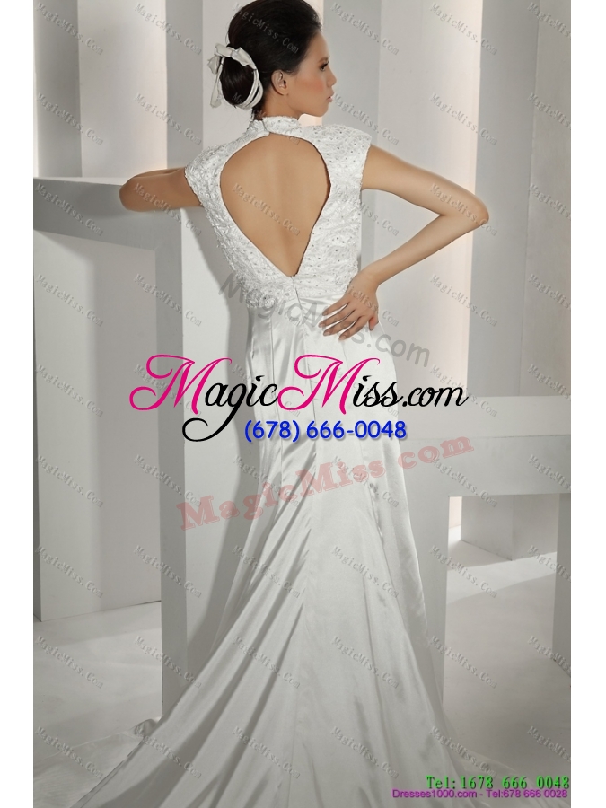 wholesale white high neck wedding dresses with cathedral train and beading