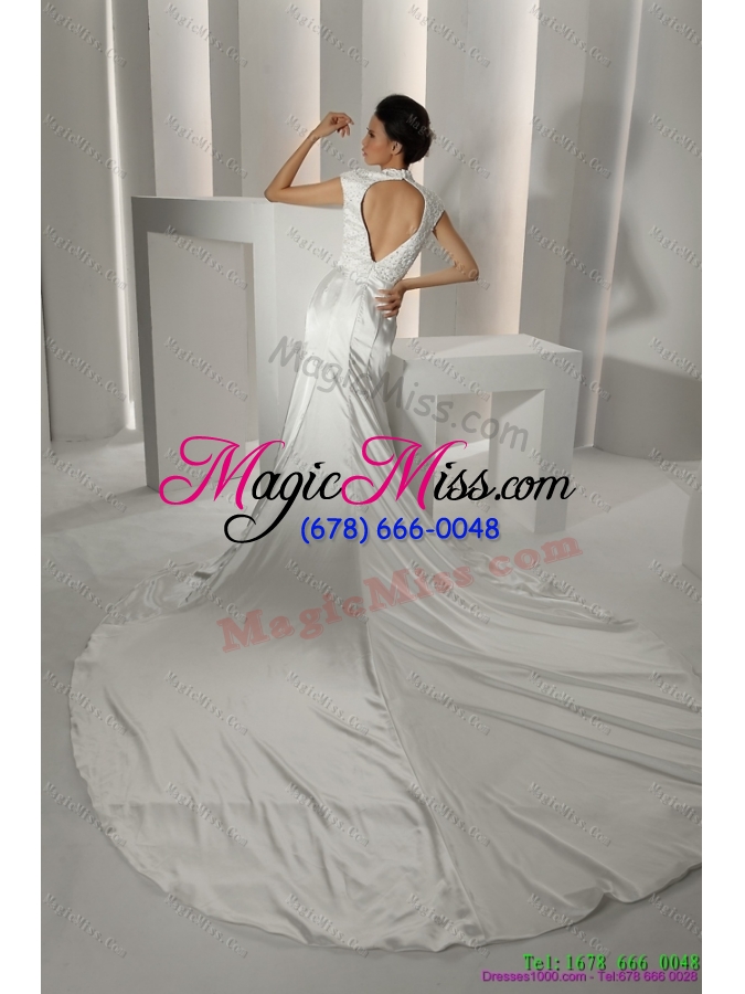 wholesale white high neck wedding dresses with cathedral train and beading