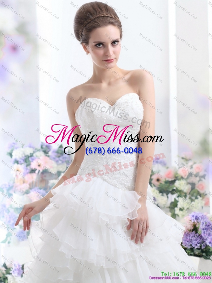 wholesale white brush train wedding dresses with ruffled layers and sequins
