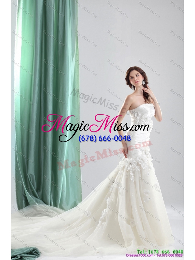 wholesale white chapel train strapless wedding dresses with ruching and hand made flowers