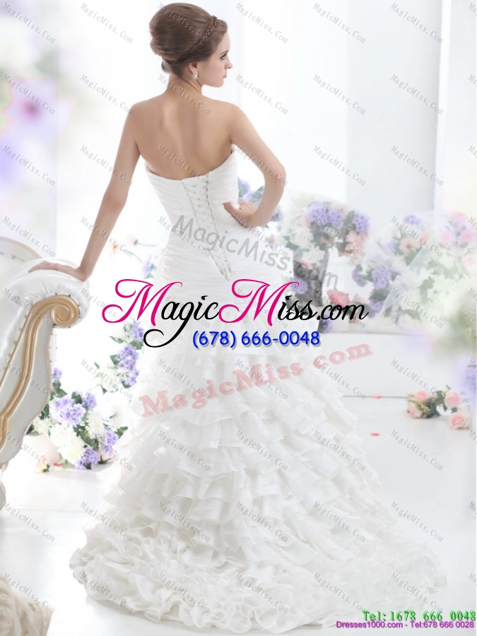 wholesale pretty white strapless bridal gowns with ruffled layers and brush train