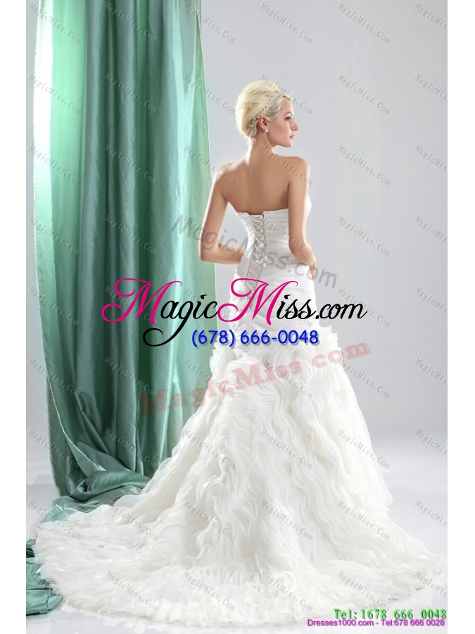 wholesale pleated sequined white wedding dresses with chapel train