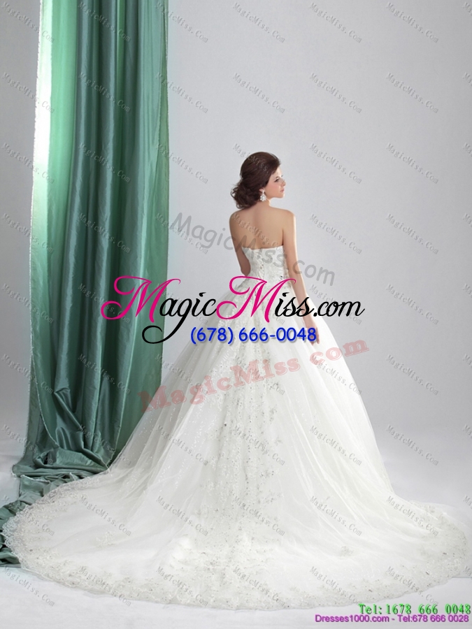 wholesale unique white sweetheart bridal gowns with appliques and brush train