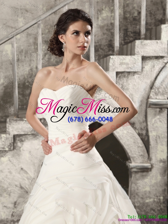 wholesale white sweetheart ruching wedding dresses with brush train