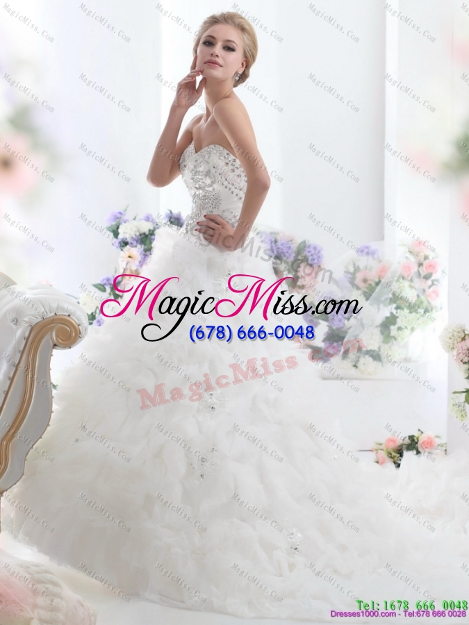 wholesale beading sweetheart white bridal gown with ruffles and brush train