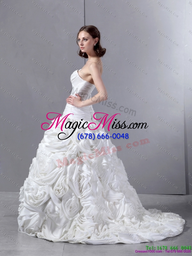 wholesale unique white sweetheart wedding dresses with hand made flowers and brush train