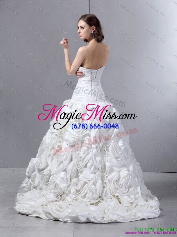 wholesale unique white sweetheart wedding dresses with hand made flowers and brush train