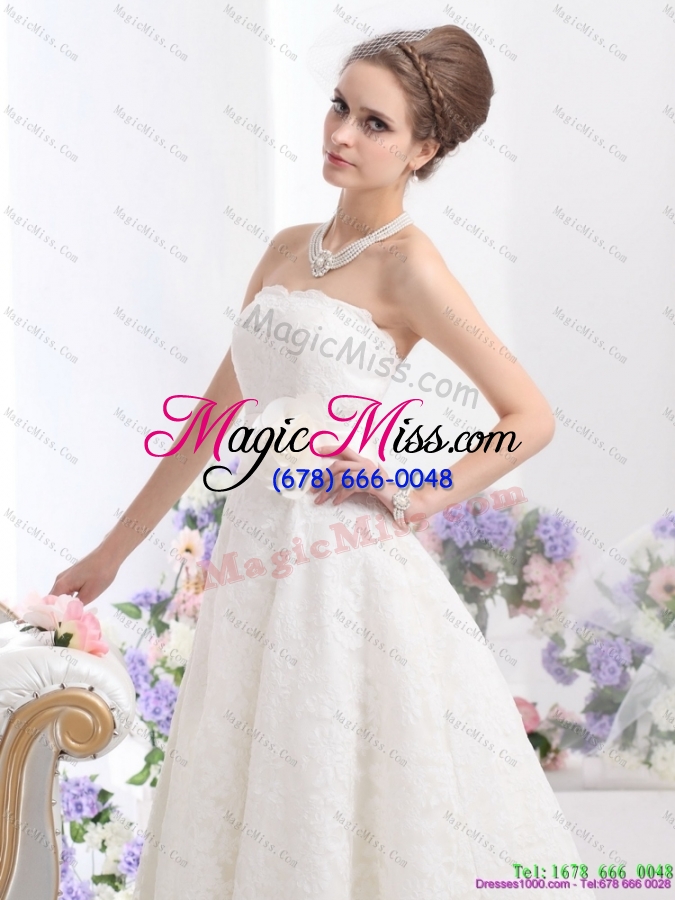 wholesale brand new strapless ankle-length wedding dress with hand made flowers