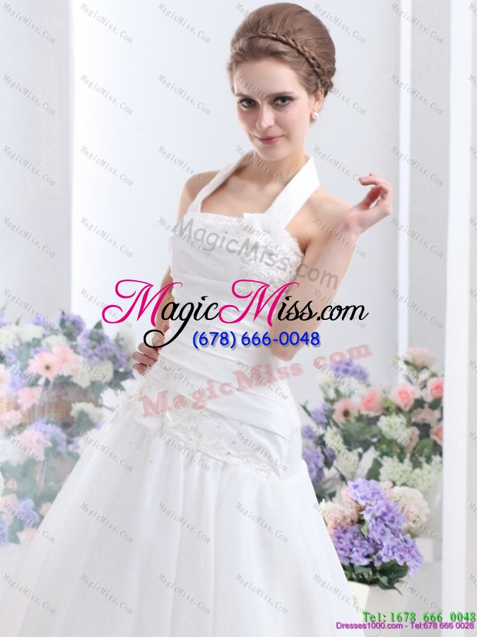 wholesale modest 2015 halter top wedding dress with ruching and hand made flowers