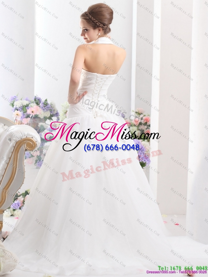 wholesale modest 2015 halter top wedding dress with ruching and hand made flowers
