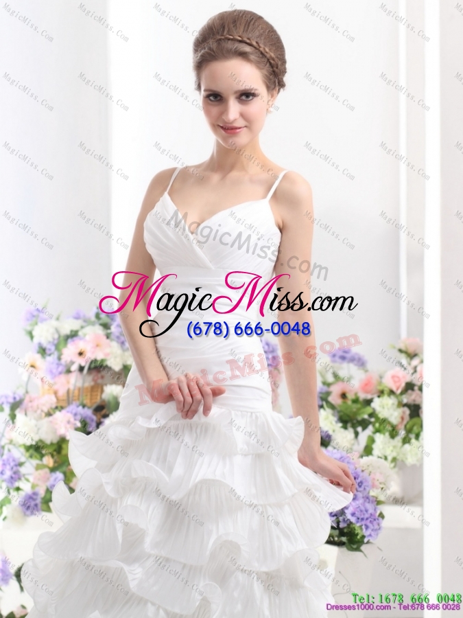 wholesale unique ruching white wedding dresses with ruffled layers and brush train