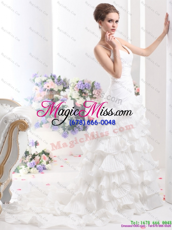 wholesale unique ruching white wedding dresses with ruffled layers and brush train