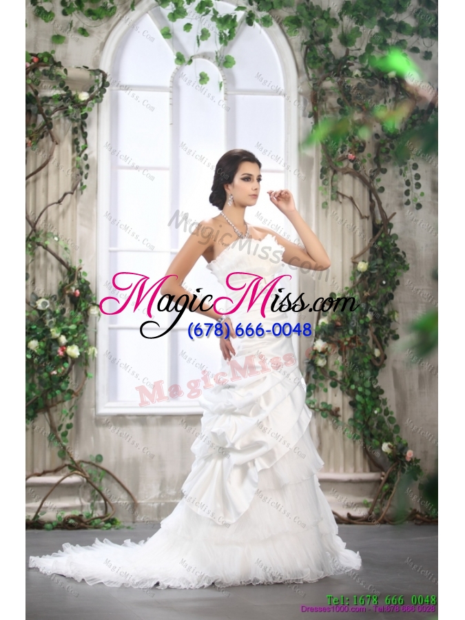 wholesale 2015 unique ruffled layers white wedding dresses with brush train