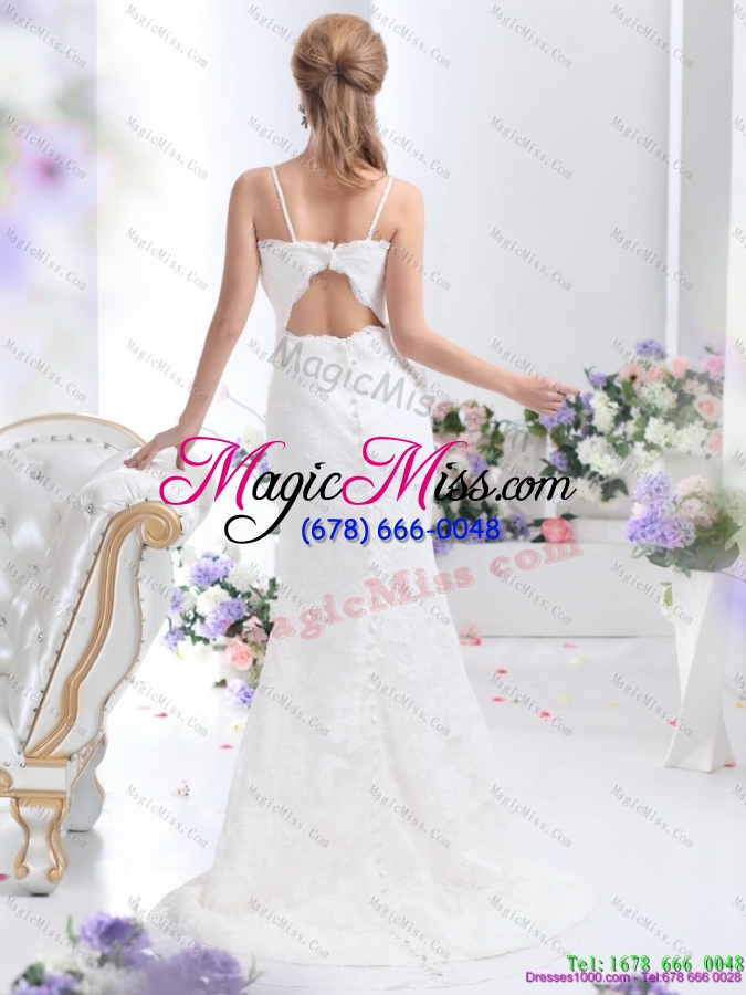 wholesale discount white column lace wedding dresses with brush train and hand made flower