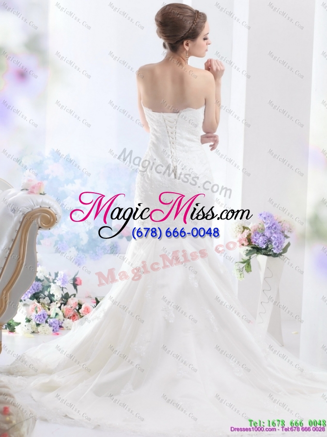 wholesale fashionable lace white wedding dress with brush train for 2015