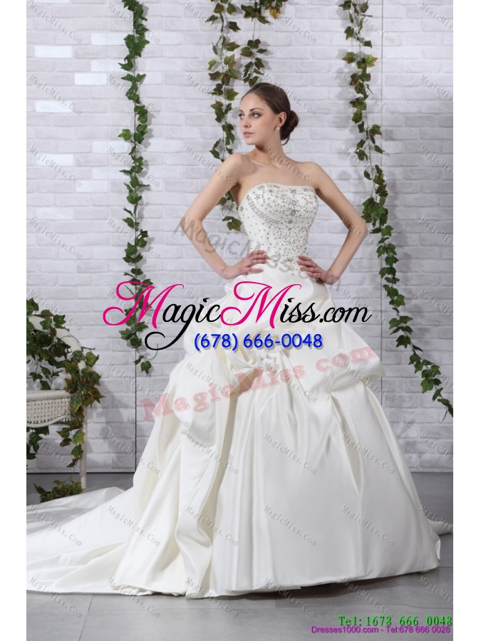 wholesale 2015 pretty strapless beading wedding dress with brush train