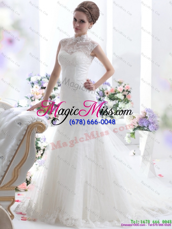 wholesale cute white laced wedding dresses with brush train