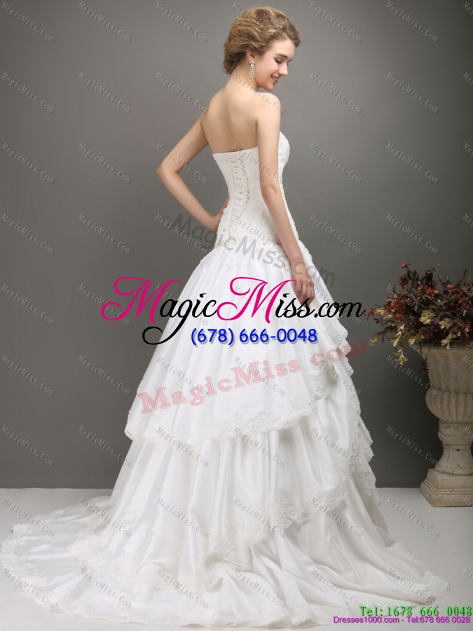 wholesale white sweetheart brush train wedding dresses with ruffled layers