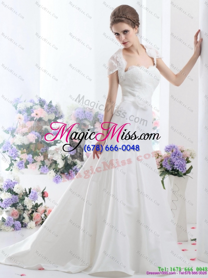 wholesale white sweetheart brush train wedding dresses with hand made flower and ruffles