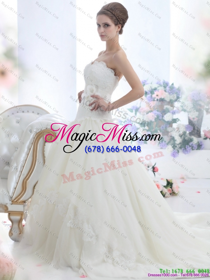 wholesale ruffled white strapless wedding dresses with sash and bownot