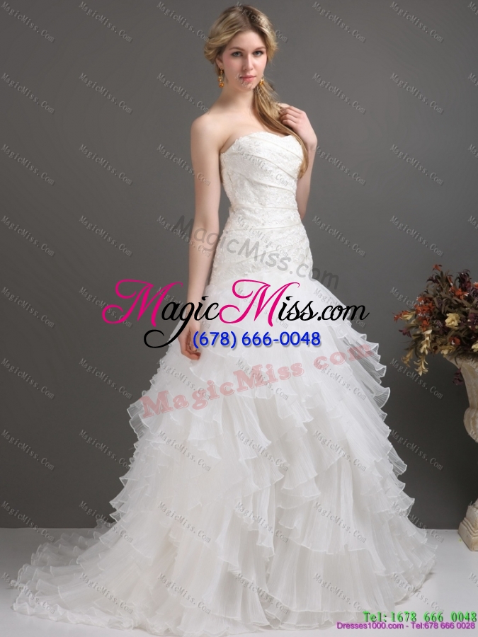 wholesale white strapless pleated wedding dresses with ruffled layers