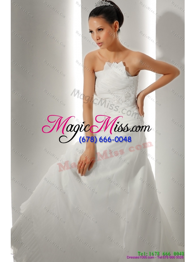 wholesale unique brush train ruching white wedding dresses with appliques