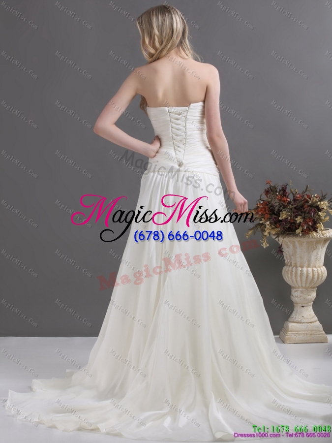 wholesale popular white strapless ruching bridal gowns with brush train