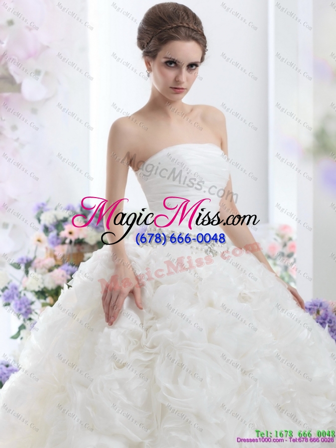 wholesale popular white strapless wedding dresses with rolling flowers and chapel train