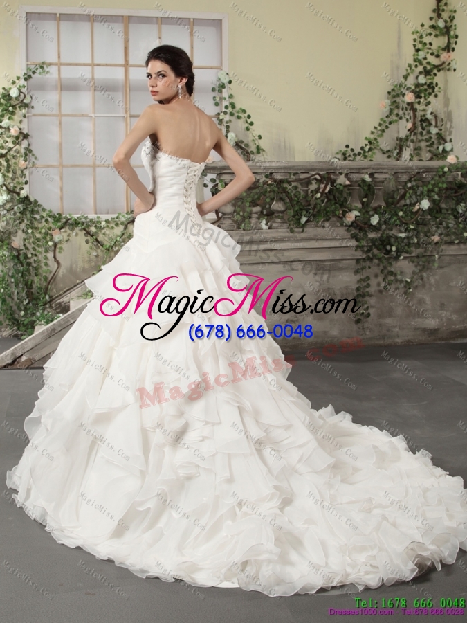 wholesale white strapless ruffled wedding dresses with chapel train and beading