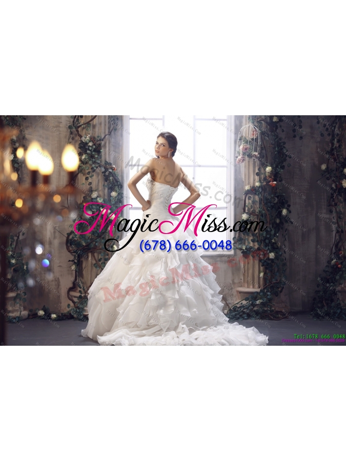 wholesale white strapless ruffled wedding dresses with chapel train and beading