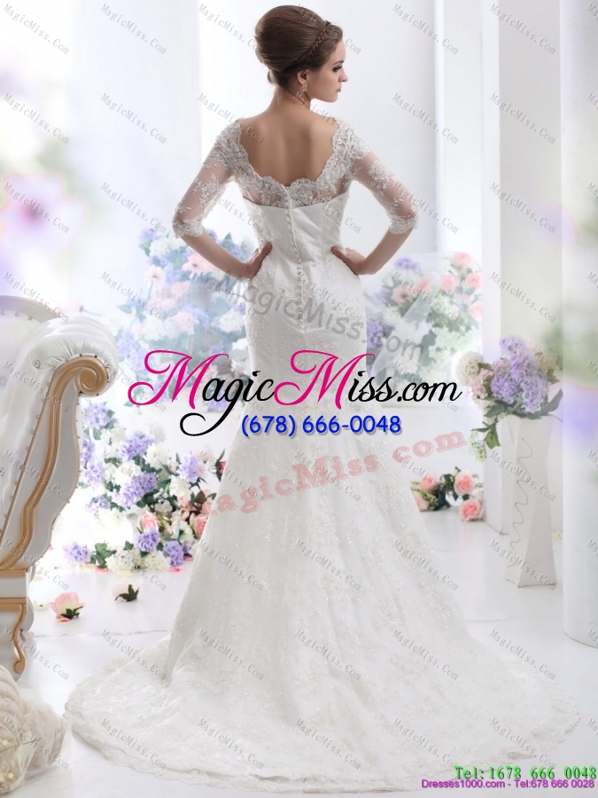 wholesale white v neck lace wedding dresses with  brush train and half sleeves