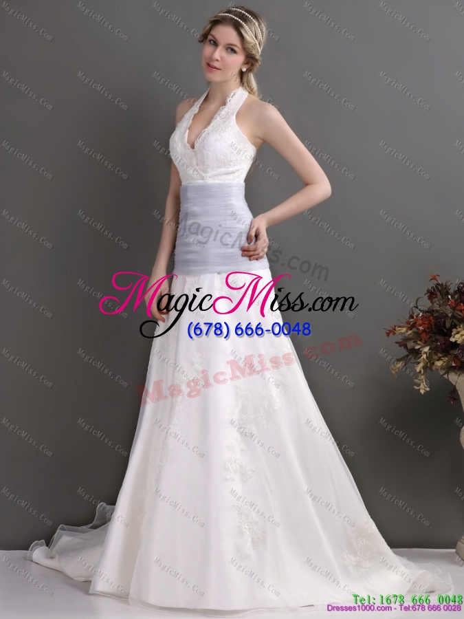 wholesale 2015 romantic halter top wedding dress with lace and ruching