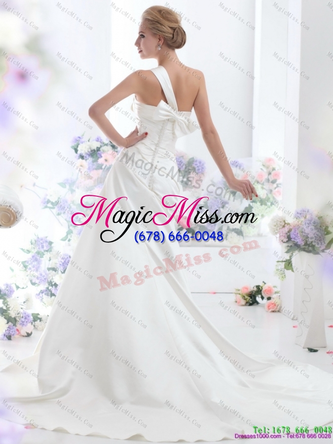 wholesale perfect 2015 one shoulder wedding dresses with ruching and bowknot