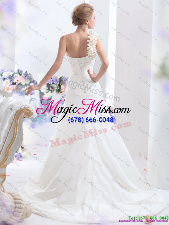 wholesale 2015 simple one shoulder wedding dress with hand made flowers