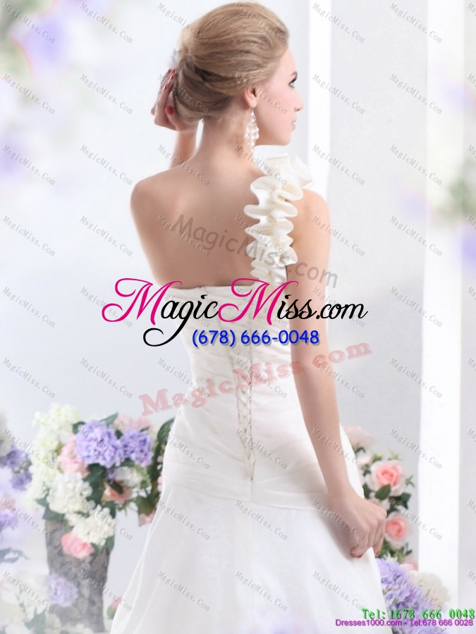wholesale 2015 simple one shoulder wedding dress with hand made flowers