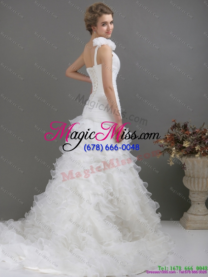 wholesale 2015 exquisite one shoulder wedding dress with ruching and hand made flowers