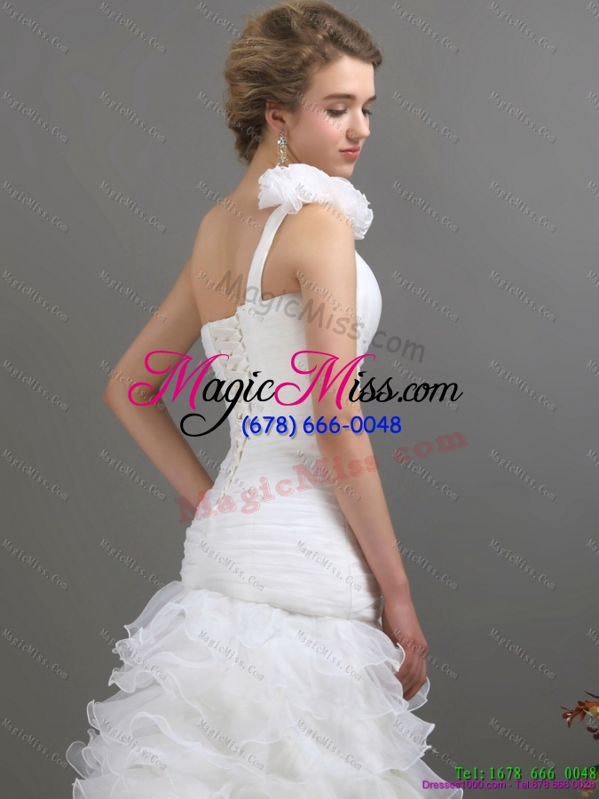 wholesale 2015 exquisite one shoulder wedding dress with ruching and hand made flowers