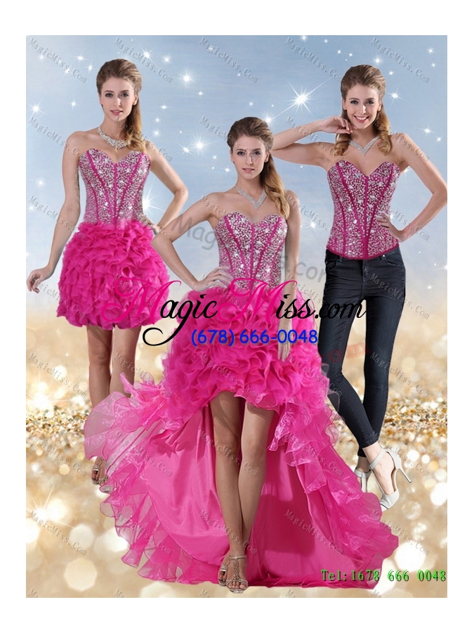 wholesale 2015 detachable hot pink high low sweetheart prom skirts with beading and ruffled layers