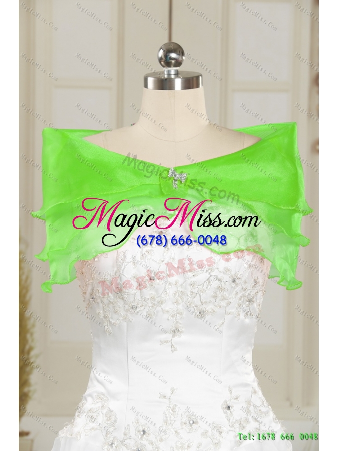 wholesale detachable exclusive strapless spring green prom skirts  with appliques and ruffles